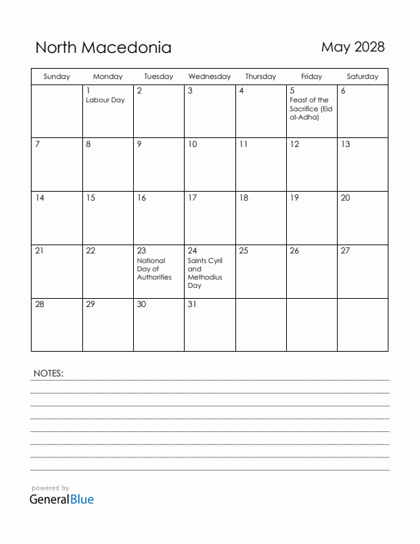 May 2028 North Macedonia Calendar with Holidays (Sunday Start)