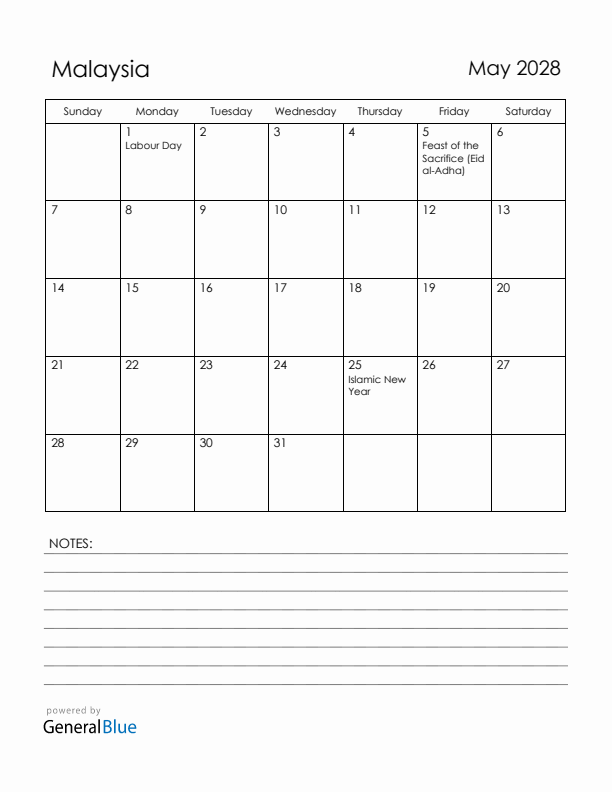 May 2028 Malaysia Calendar with Holidays (Sunday Start)