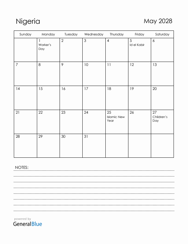 May 2028 Nigeria Calendar with Holidays (Sunday Start)