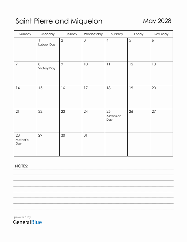 May 2028 Saint Pierre and Miquelon Calendar with Holidays (Sunday Start)
