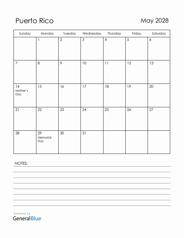 May 2028 Puerto Rico Calendar with Holidays (Sunday Start)