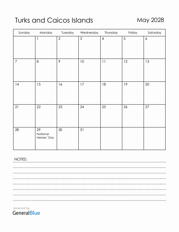 May 2028 Turks and Caicos Islands Calendar with Holidays (Sunday Start)