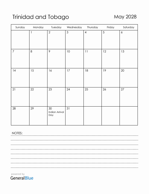 May 2028 Trinidad and Tobago Calendar with Holidays (Sunday Start)