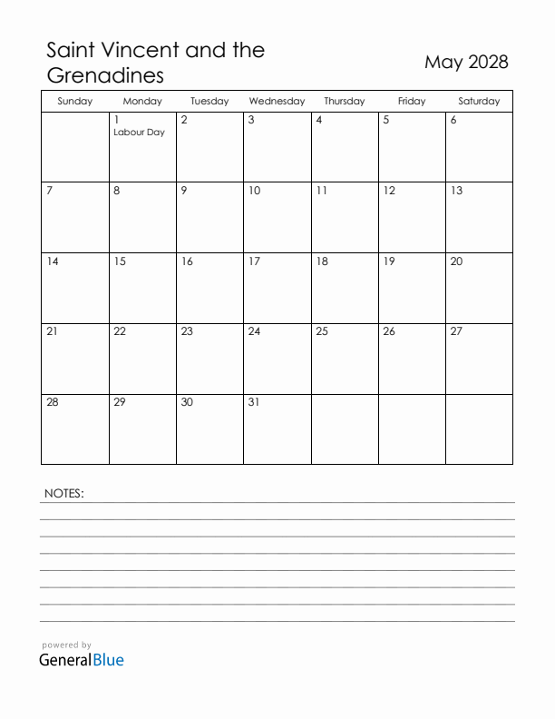 May 2028 Saint Vincent and the Grenadines Calendar with Holidays (Sunday Start)