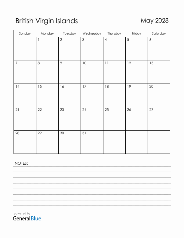 May 2028 British Virgin Islands Calendar with Holidays (Sunday Start)