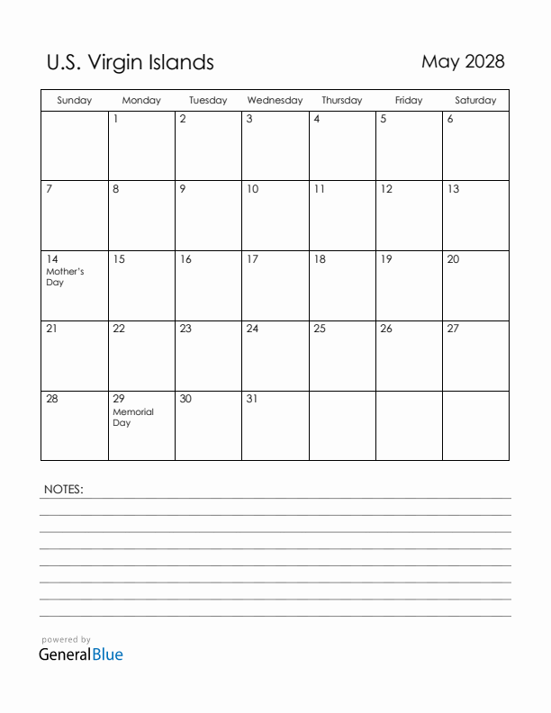 May 2028 U.S. Virgin Islands Calendar with Holidays (Sunday Start)