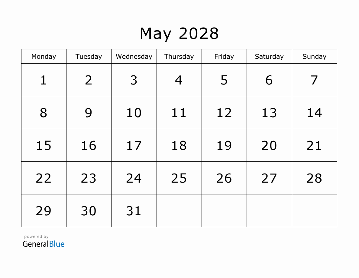 Printable May 2028 Calendar - Monday Start