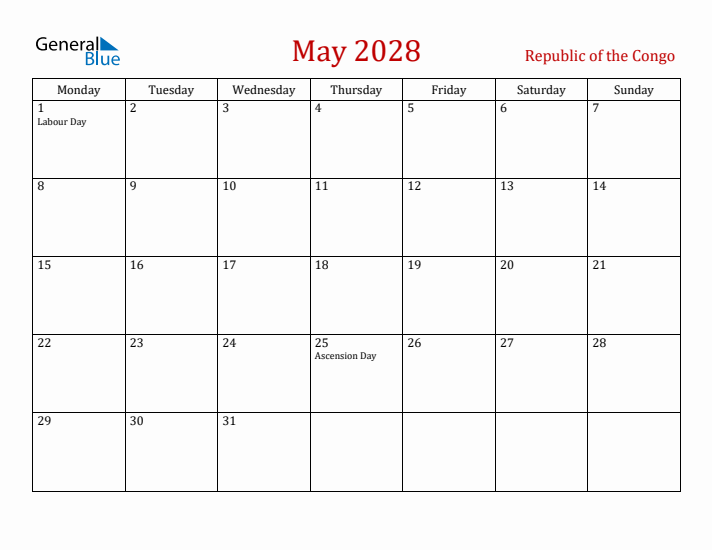Republic of the Congo May 2028 Calendar - Monday Start