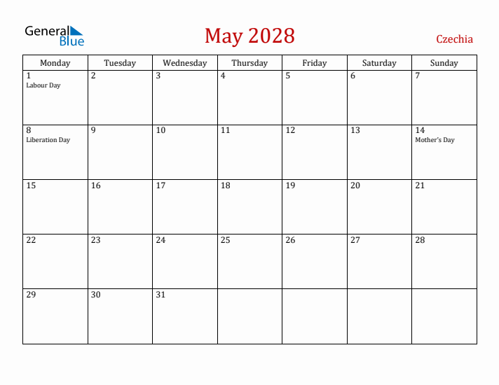 Czechia May 2028 Calendar - Monday Start