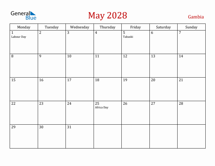 Gambia May 2028 Calendar - Monday Start