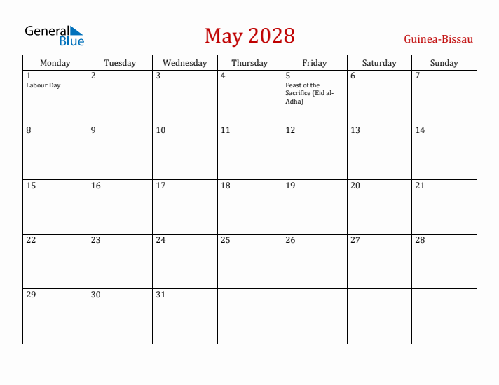 Guinea-Bissau May 2028 Calendar - Monday Start