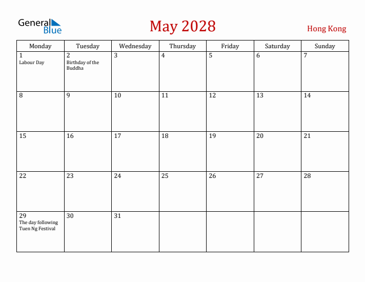 Hong Kong May 2028 Calendar - Monday Start