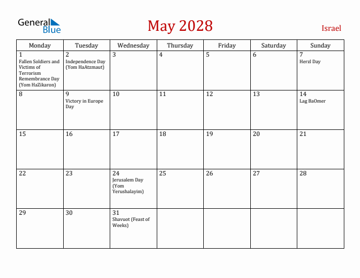 Israel May 2028 Calendar - Monday Start