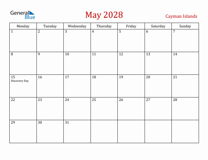 Cayman Islands May 2028 Calendar - Monday Start