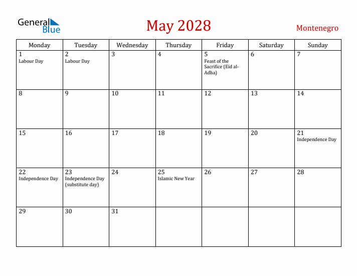 Montenegro May 2028 Calendar - Monday Start
