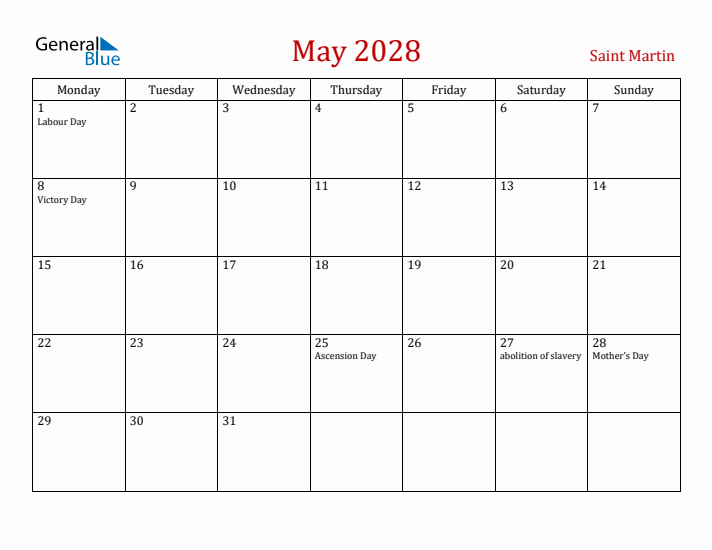 Saint Martin May 2028 Calendar - Monday Start