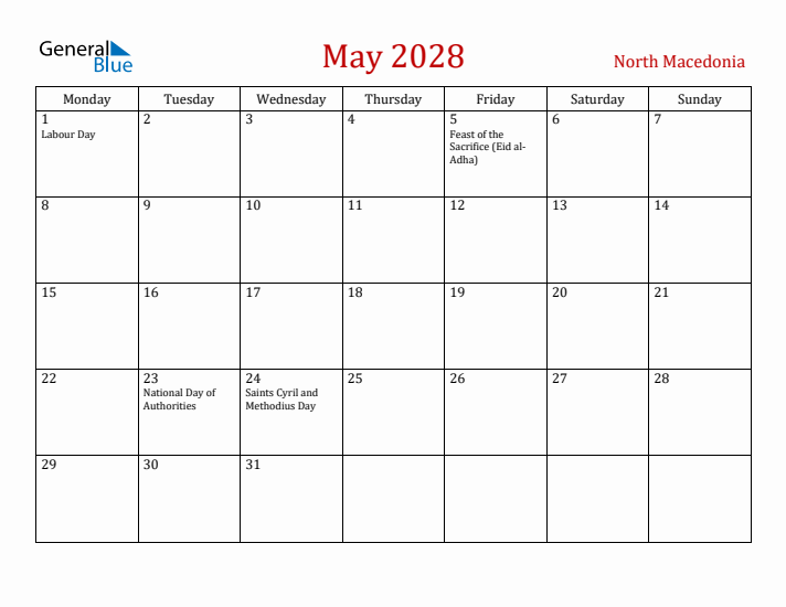 North Macedonia May 2028 Calendar - Monday Start