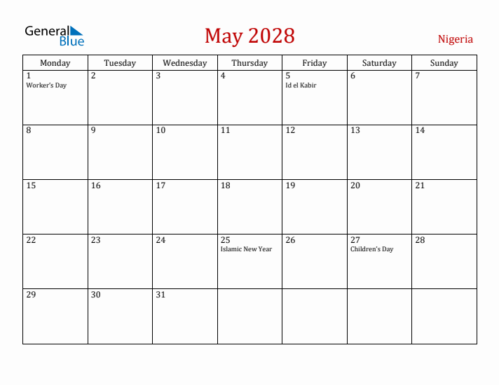 Nigeria May 2028 Calendar - Monday Start