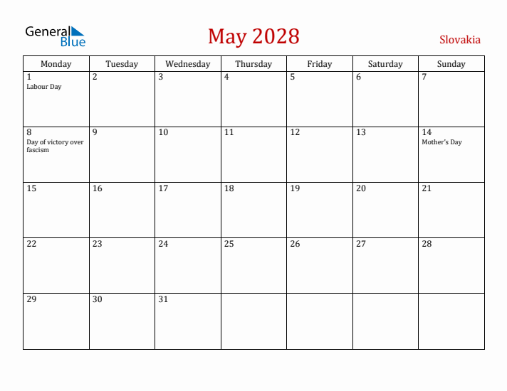 Slovakia May 2028 Calendar - Monday Start
