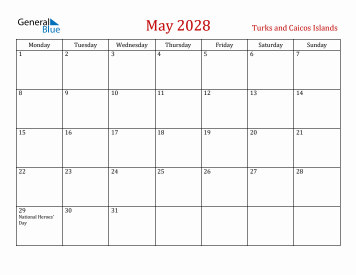 Turks and Caicos Islands May 2028 Calendar - Monday Start