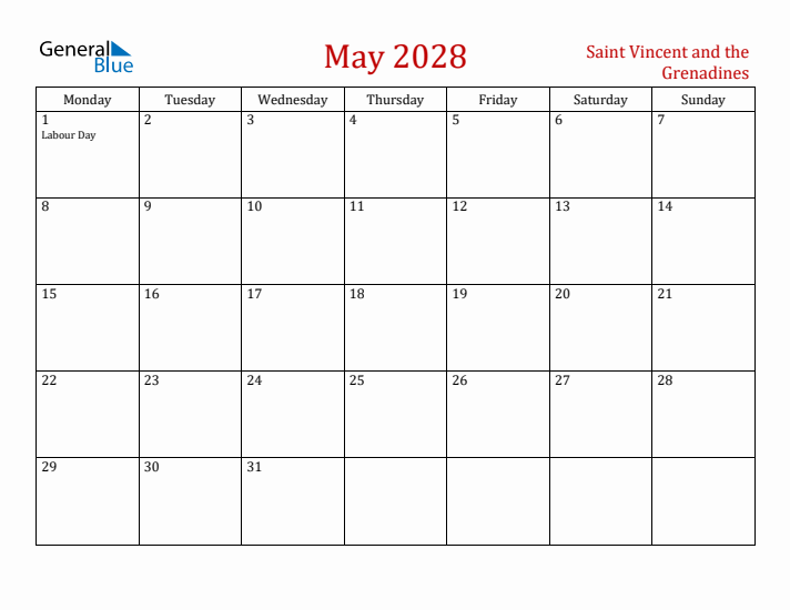 Saint Vincent and the Grenadines May 2028 Calendar - Monday Start