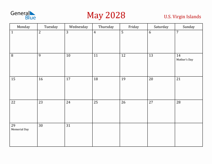 U.S. Virgin Islands May 2028 Calendar - Monday Start