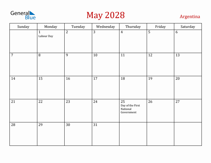 Argentina May 2028 Calendar - Sunday Start