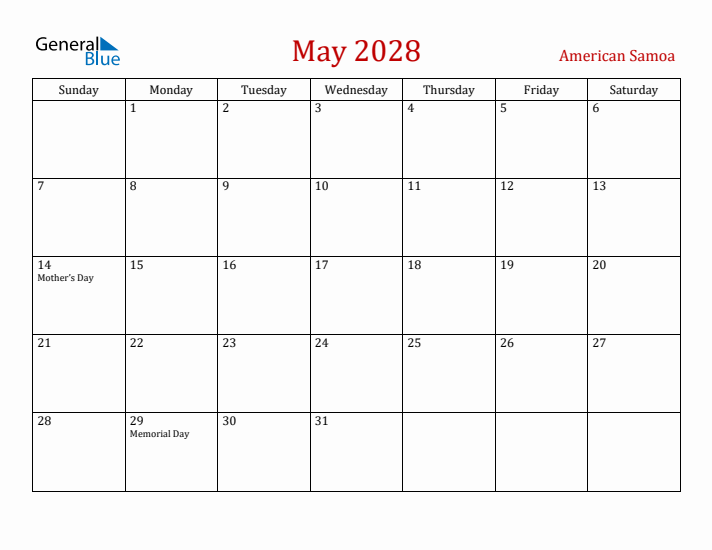American Samoa May 2028 Calendar - Sunday Start