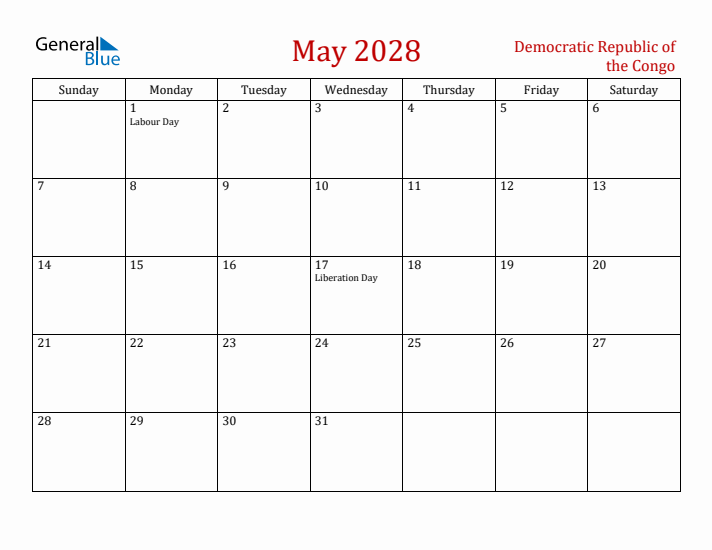 Democratic Republic of the Congo May 2028 Calendar - Sunday Start