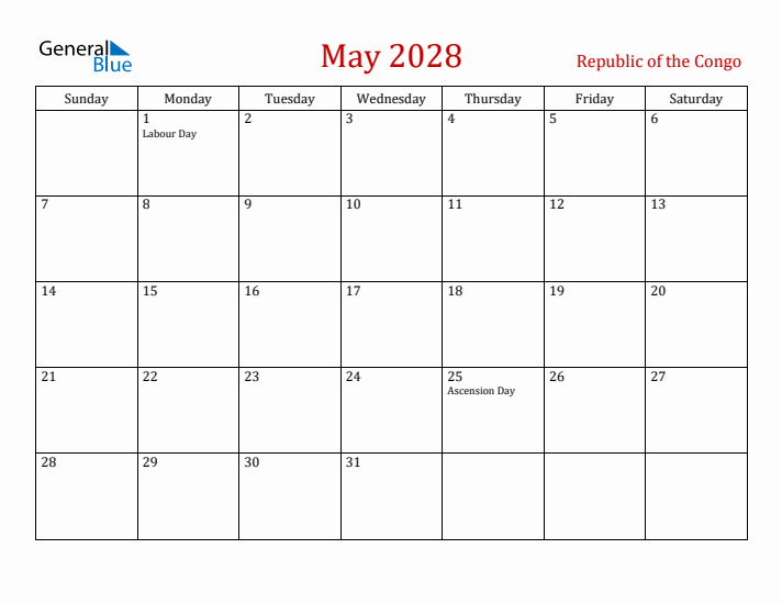 Republic of the Congo May 2028 Calendar - Sunday Start