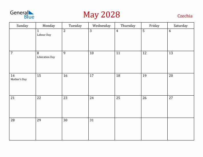 Czechia May 2028 Calendar - Sunday Start