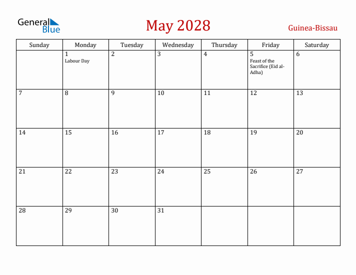Guinea-Bissau May 2028 Calendar - Sunday Start