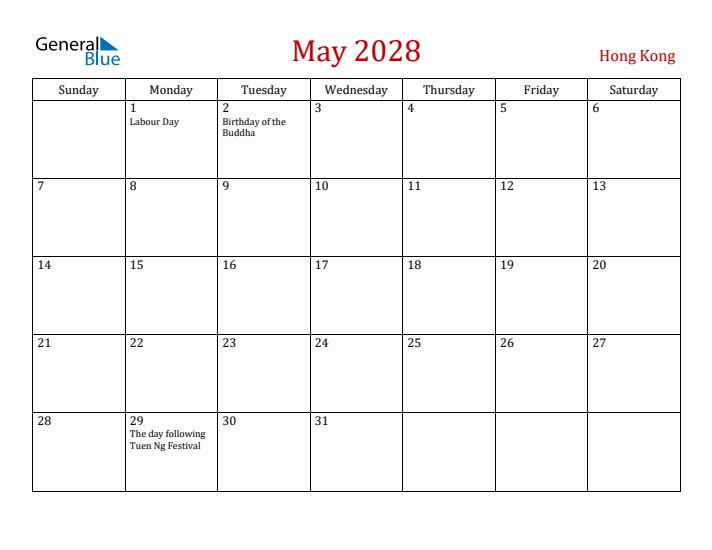 Hong Kong May 2028 Calendar - Sunday Start