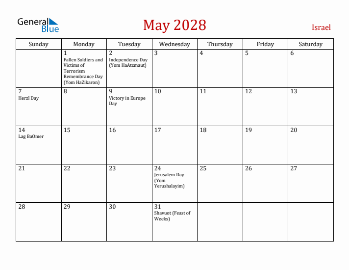 Israel May 2028 Calendar - Sunday Start