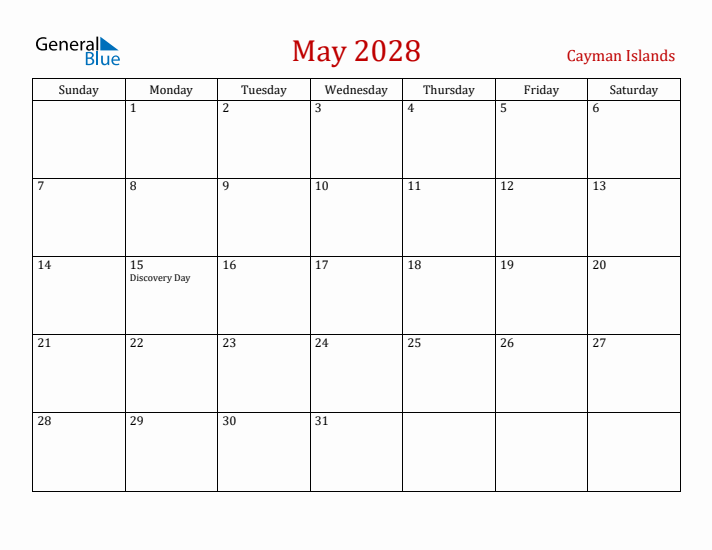 Cayman Islands May 2028 Calendar - Sunday Start