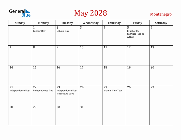 Montenegro May 2028 Calendar - Sunday Start
