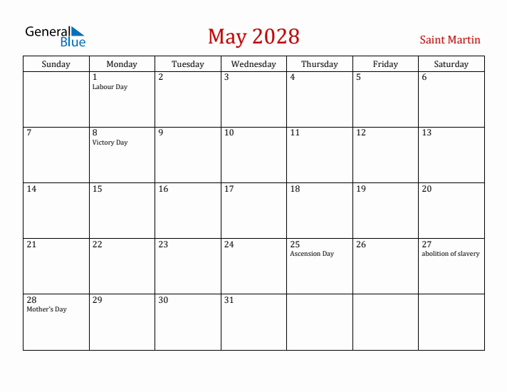 Saint Martin May 2028 Calendar - Sunday Start