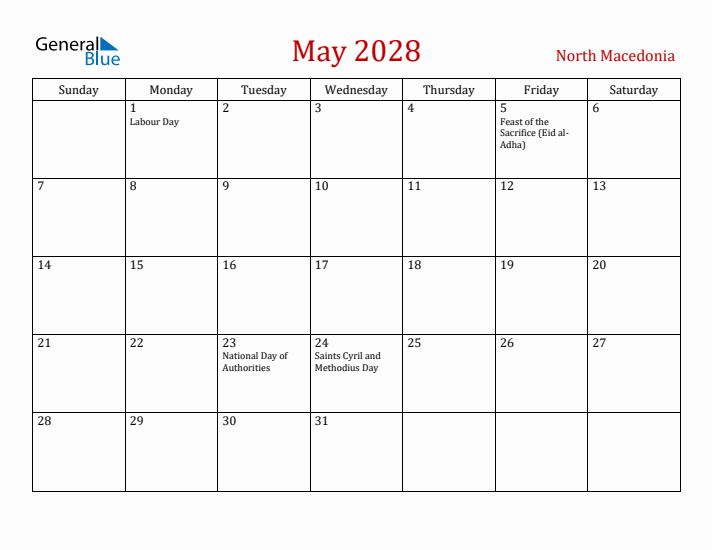 North Macedonia May 2028 Calendar - Sunday Start