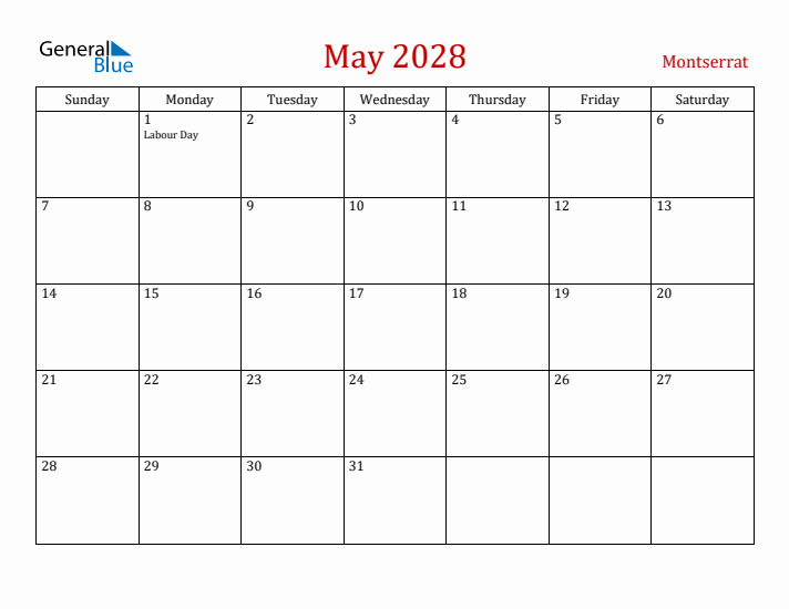 Montserrat May 2028 Calendar - Sunday Start
