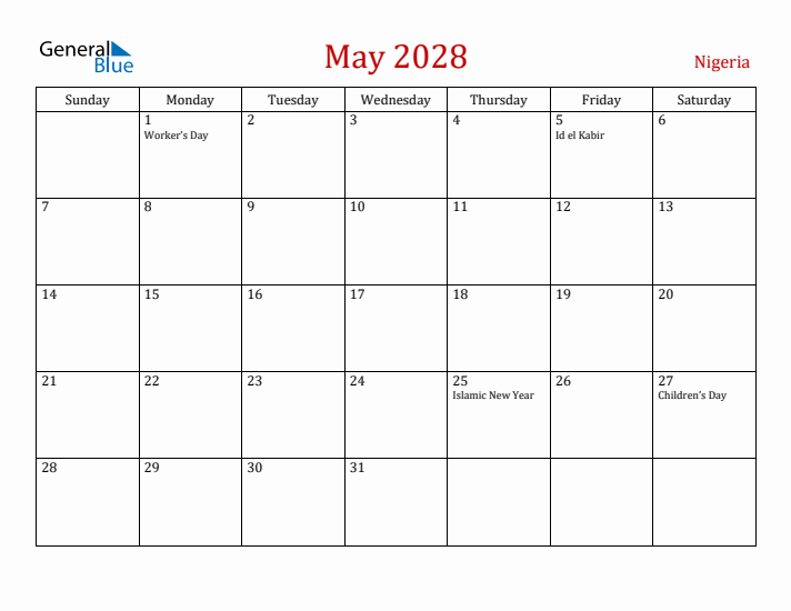 Nigeria May 2028 Calendar - Sunday Start