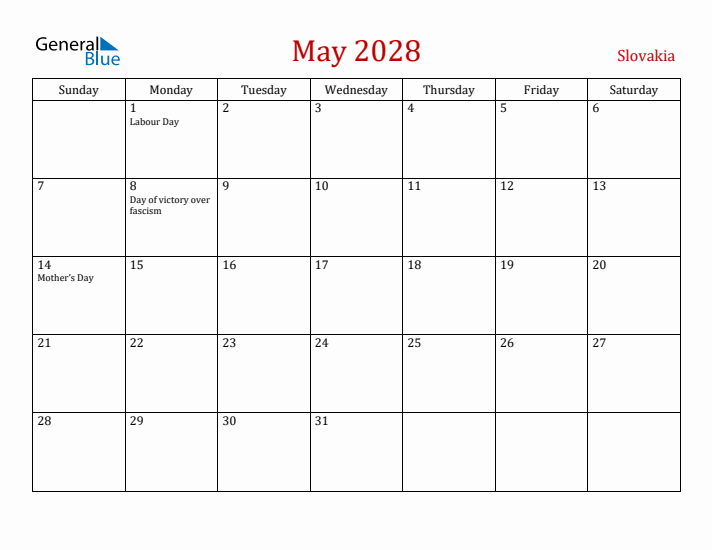 Slovakia May 2028 Calendar - Sunday Start