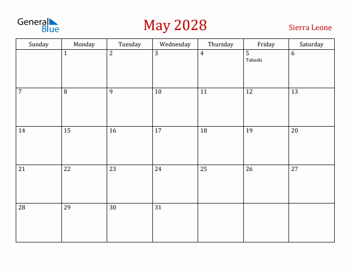 Sierra Leone May 2028 Calendar - Sunday Start