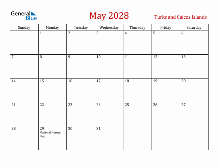 Turks and Caicos Islands May 2028 Calendar - Sunday Start