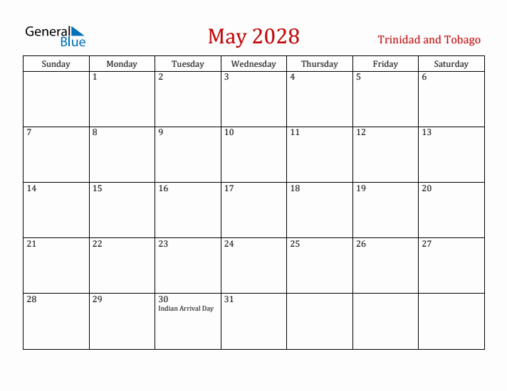 Trinidad and Tobago May 2028 Calendar - Sunday Start