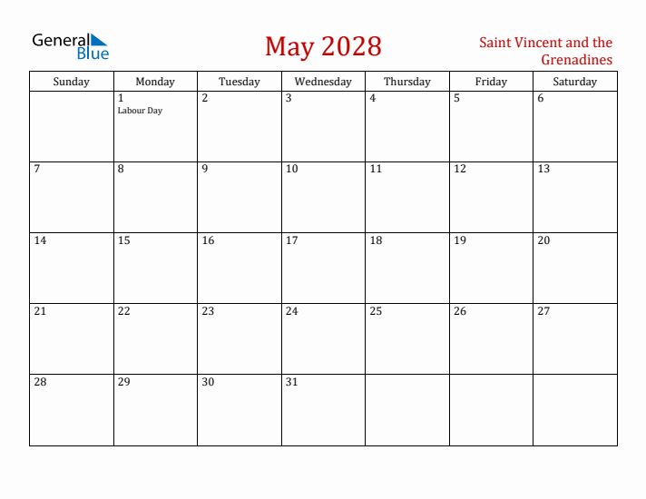 Saint Vincent and the Grenadines May 2028 Calendar - Sunday Start