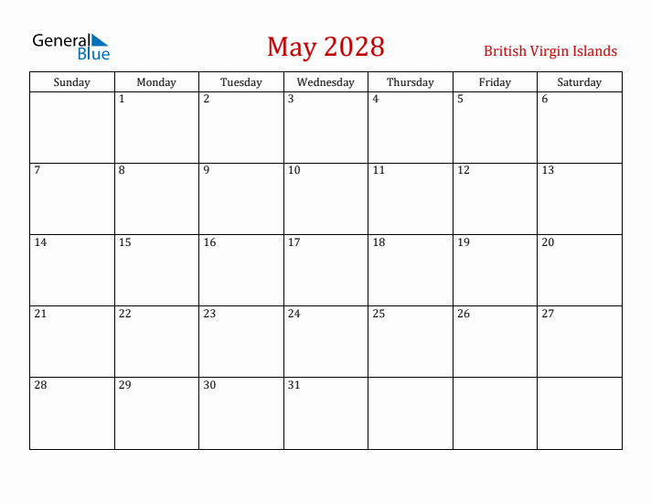 British Virgin Islands May 2028 Calendar - Sunday Start