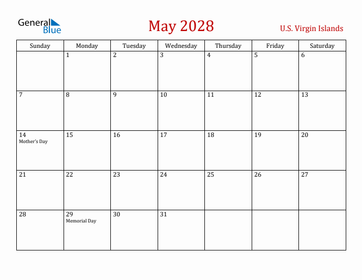 U.S. Virgin Islands May 2028 Calendar - Sunday Start