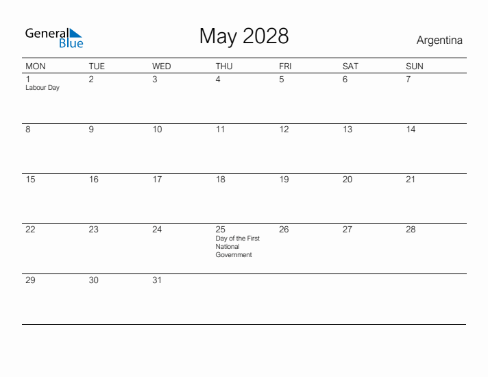 Printable May 2028 Calendar for Argentina