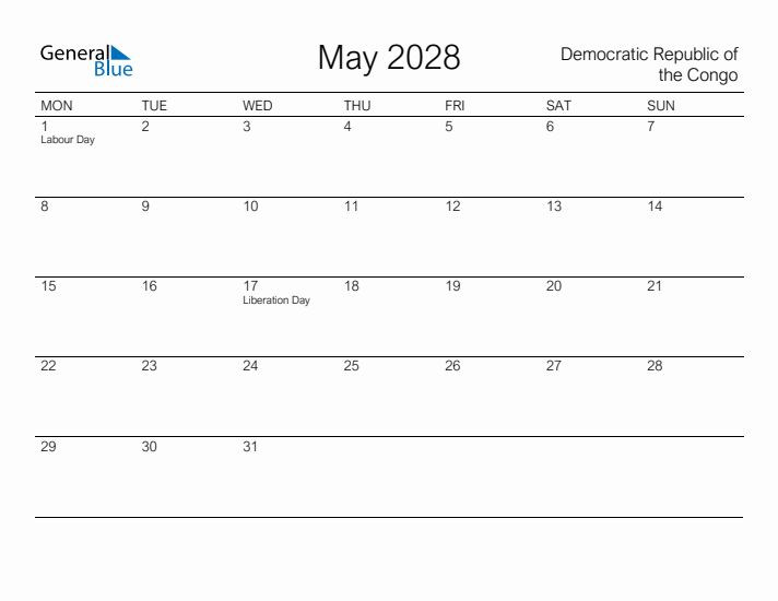 Printable May 2028 Calendar for Democratic Republic of the Congo