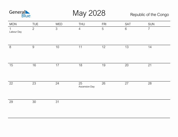 Printable May 2028 Calendar for Republic of the Congo